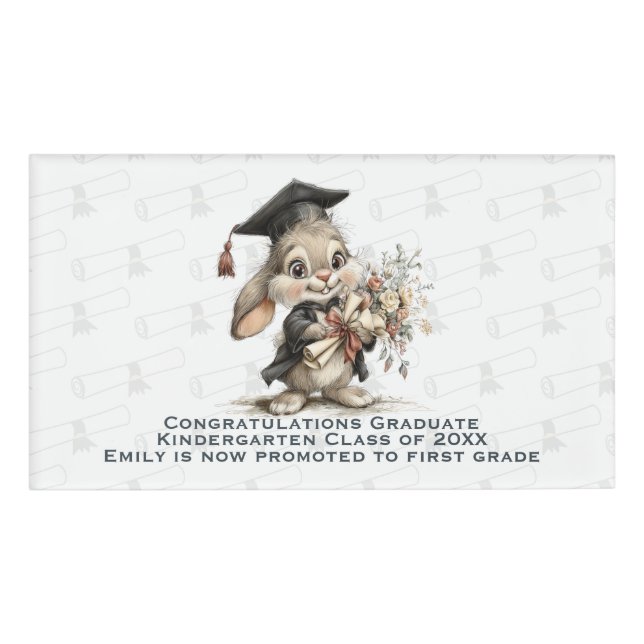Graduation Bunny – Cute Diploma Pattern Name Tag (Front)