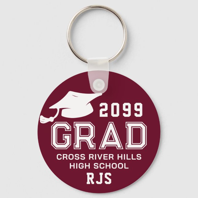 Graduation Burgundy Maroon GRAD Cap Personalized Keychain (Front)