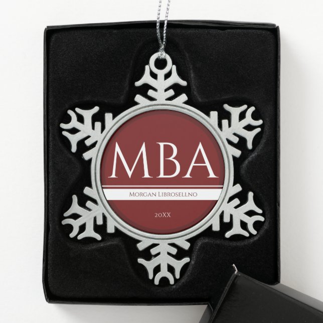 Graduation Burgundy White Name Year MBA Snowflake Pewter Christmas Ornament (Box)
