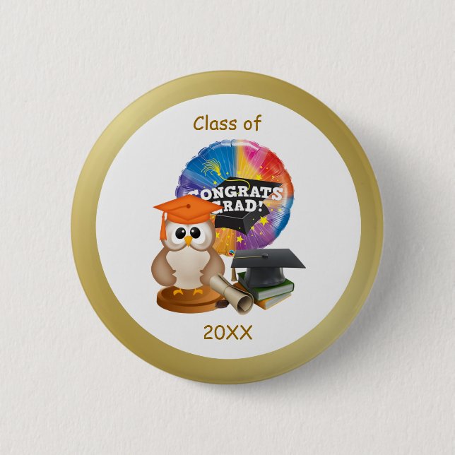 Graduation Button. Owl, Mortar cap, diploma, books 2 Inch Round Button (Front)