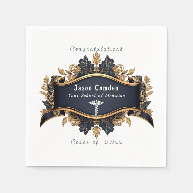 Graduation Caduceus Elegant Black Gold White Napkin (Front)