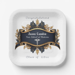 Graduation Caduceus Elegant Black Gold White Paper Plate