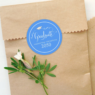 Graduation Calligraphy Script Elegant Blue Cap Classic Round Sticker
