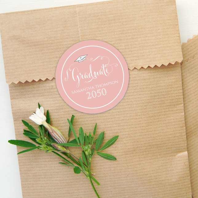 Graduation Calligraphy Script Elegant Peach Cap Classic Round Sticker (Creator Uploaded)