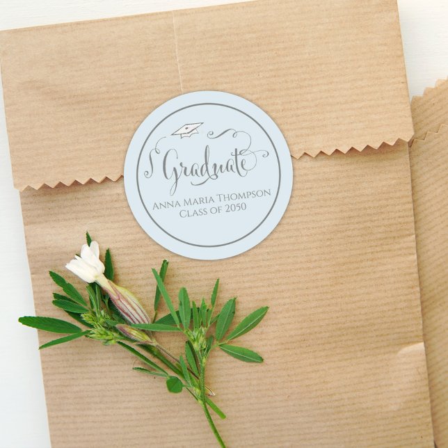 Graduation Calligraphy Script Simple Light Blue Classic Round Sticker (Creator Uploaded)