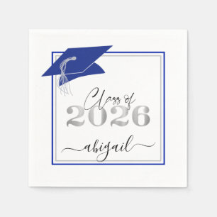 Graduation Cap 2025 Royal Blue Silver Script Napkin