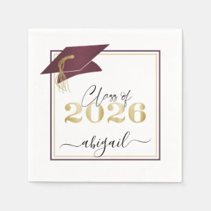 Graduation Cap 2026 Maroon Metallic Gold Script Napkin