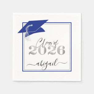 Graduation Cap 2026 Royal Blue Silver Script Napkin