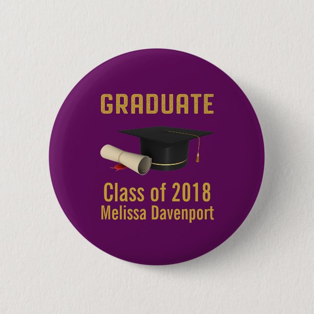 Graduation Cap and Diploma on Purple Class of 20XX 2 Inch Round Button (Front)