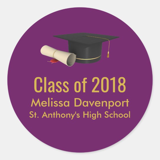 Graduation Cap and Diploma on Purple Class of 20XX Classic Round Sticker (Front)