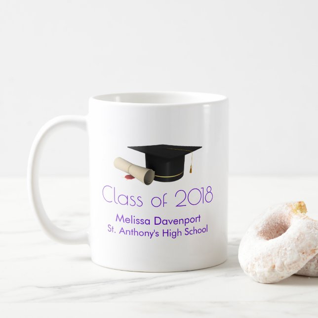 Graduation Cap and Diploma on Purple Class of 20XX Coffee Mug (With Donut)