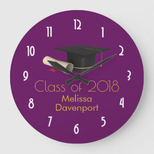 Graduation Cap and Diploma on Purple Class of 20XX Large Clock
