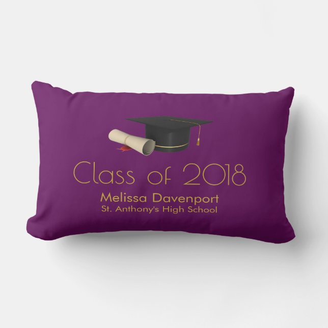 Graduation Cap and Diploma on Purple Class of 20XX Lumbar Pillow (Front)