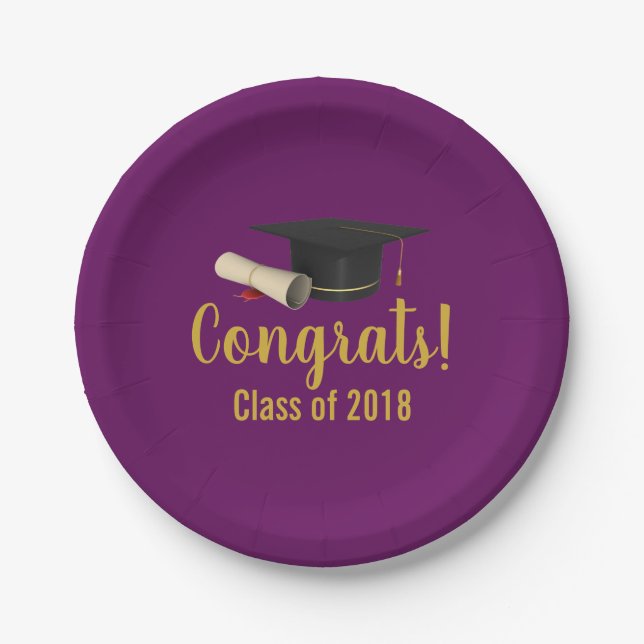 Graduation Cap and Diploma on Purple Class of 20XX Paper Plate (Front)