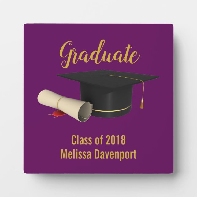 Graduation Cap and Diploma on Purple Class of 20XX Plaque (Front)