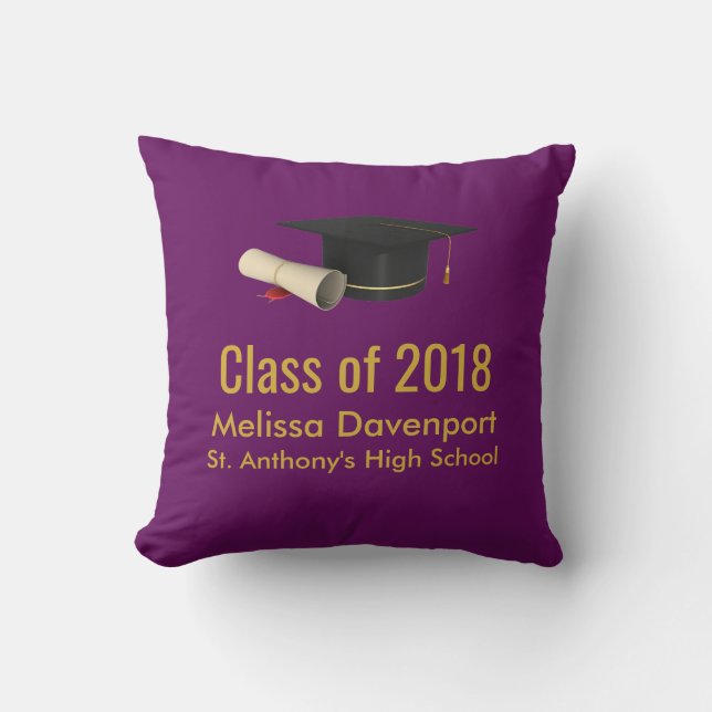 Graduation Cap and Diploma on Purple Class of 20XX Throw Pillow (Front)
