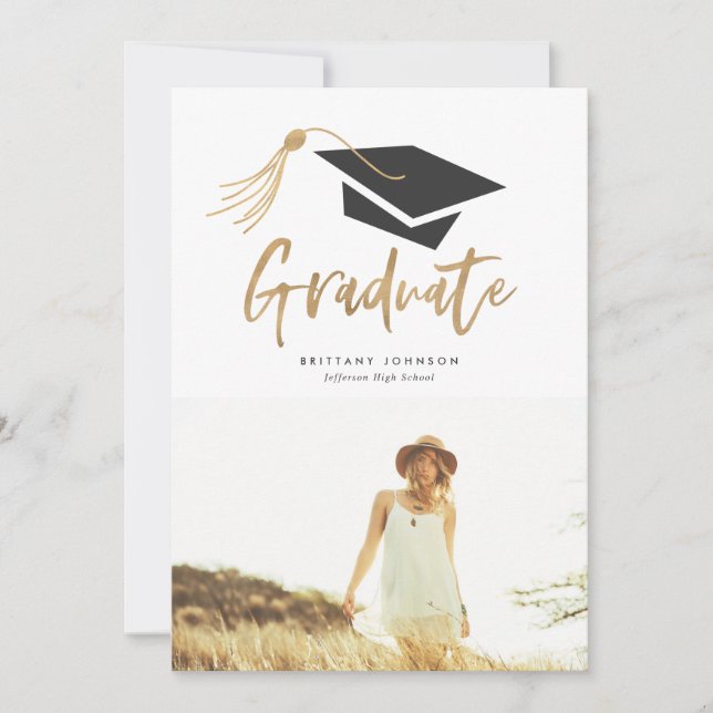 Graduation Cap and Tassel Gold Foil Photo Party Invitation (Front)