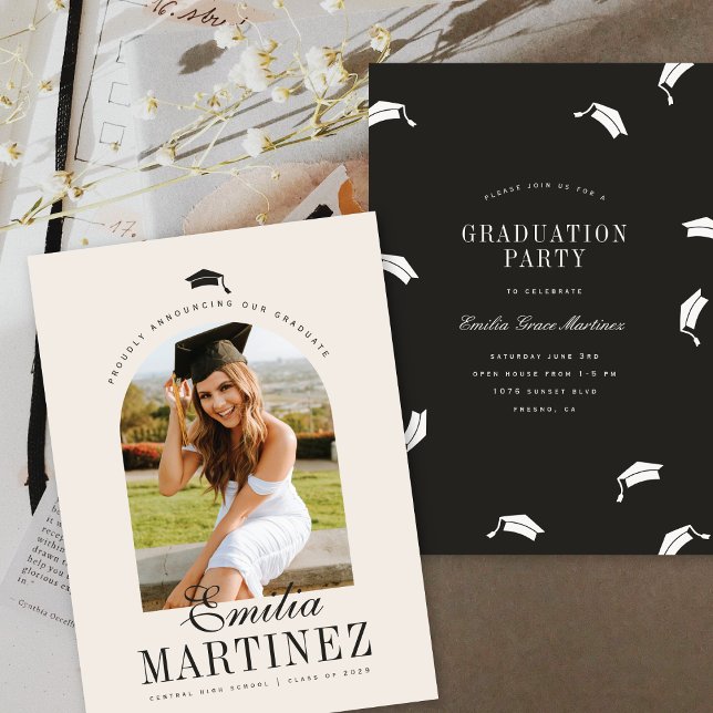 Graduation Cap Arch Photo Elegant Script Neutral Announcement (Creator Uploaded)