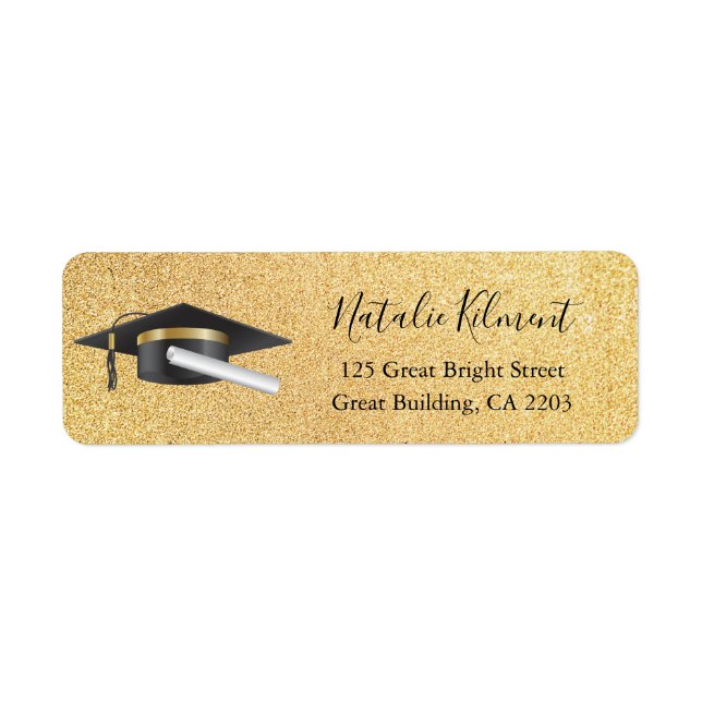 Graduation Cap Black & Gold Script Return Address (Front)