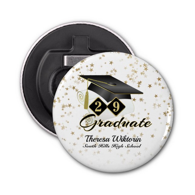 Graduation Cap Black Gold Stars Personalized Bottle Opener (Front)
