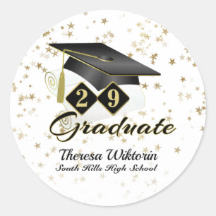 Graduation Cap Black Gold Stars Personalized Classic Round Sticker