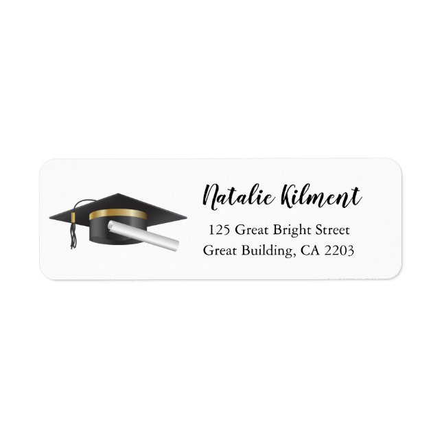 Graduation Cap Black Script Return Address Label (Front)