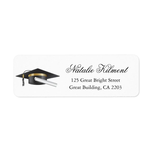 Graduation Cap Black Script Return Address Label (Front)