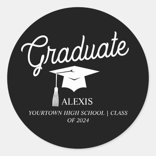 Graduation Cap Black White Class of  Classic Round Sticker (Front)