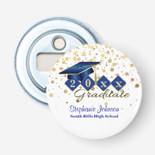 Graduation Cap Blue Gold Confetti Personalized Bottle Opener