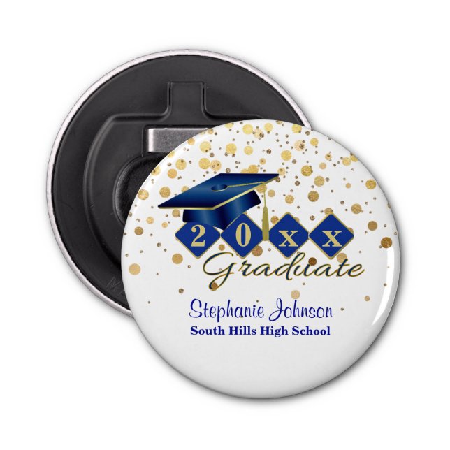 Graduation Cap Blue Gold Confetti Personalized Bottle Opener (Front)