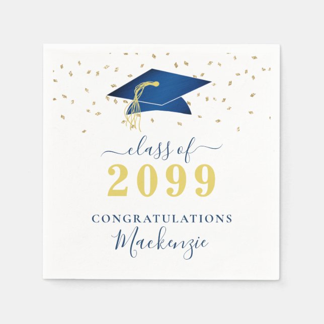 Graduation Cap Blue Gold Confetti Script Napkin (Front)