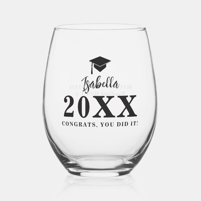 Graduation Cap Caligraphy Personalized Grad Gift Stemless Wine Glass (Front)