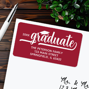 Graduation Cap Chic Script Crimson Return Address Label