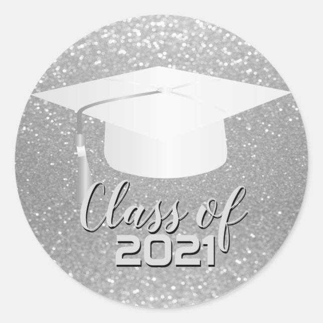 Graduation Cap - Class of 20XX - Silver Glitter Classic Round Sticker (Front)