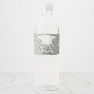 Graduation Cap - Class of 20XX - Silver Glitter Water Bottle Label
