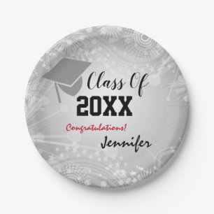 Graduation Cap, Class Year 20XX party Silver Paper Plate