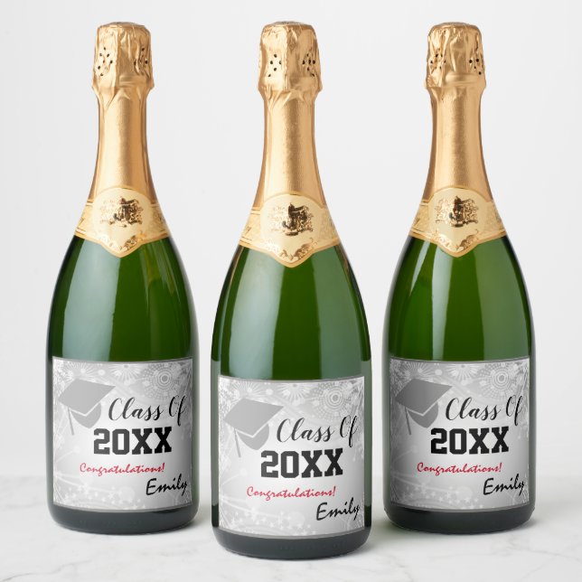 Graduation Cap, Class Year 20XX party Silver Sparkling Wine Label (Bottles)