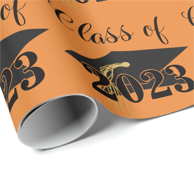 Graduation Cap Class Year Orange Black Wrapping Paper (Roll Corner)