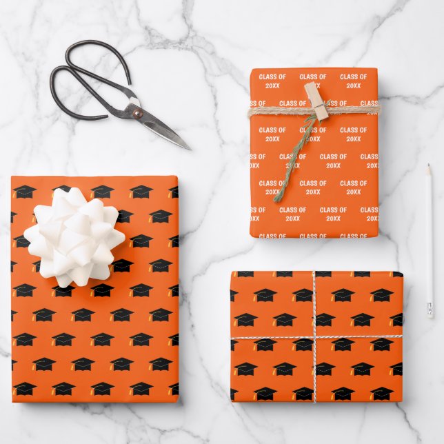 Graduation Cap Class Year Orange Wrapping Paper Sheet (Front)