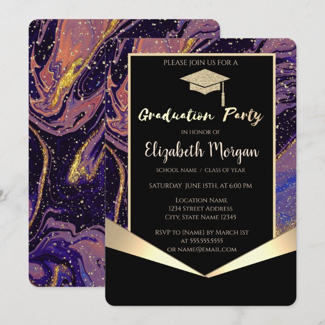 Graduation Cap,Confetti Stone Marble Graduation Invitation (Front/Back)