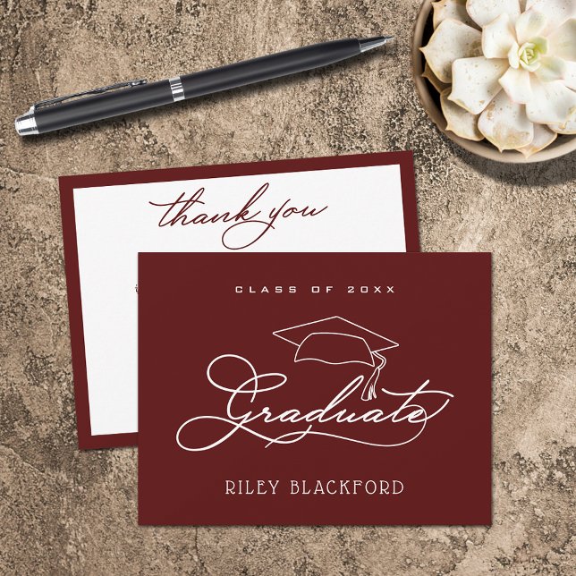 Graduation Cap Dark Maroon Thank You Card (Graduation cap on dark maroon flat thank you note cards have room for your message on the back.)