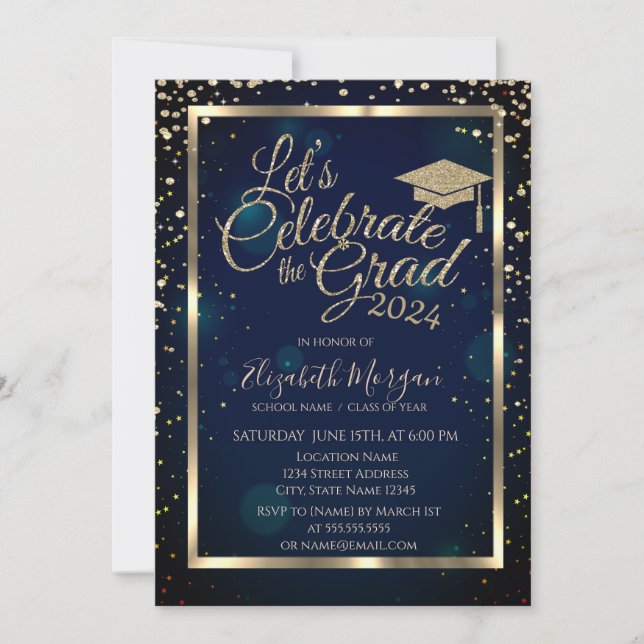Graduation Cap Diamonds Stars Navy Blue Invitation (Front)