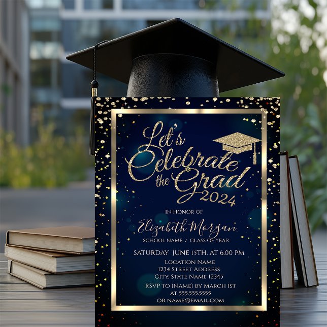 Graduation Cap Diamonds Stars Navy Blue Invitation (Creator Uploaded)