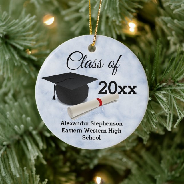 Graduation Cap Diploma Blue Marble Customized Ceramic Ornament (Tree)
