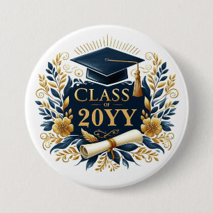 Graduation Cap, Diploma, Flowers Class of Button