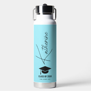 Graduation Cap Elegant Calligraphy Blue Custom Water Bottle