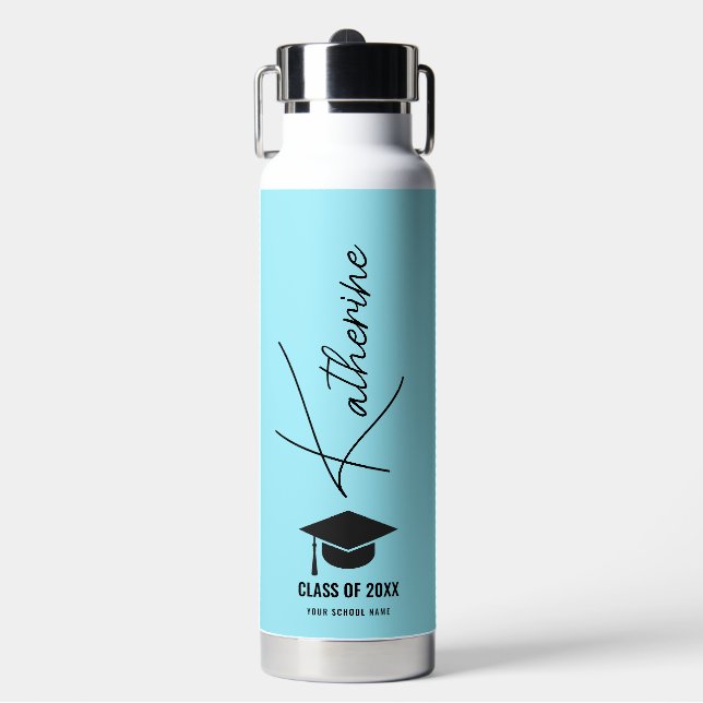 Graduation Cap Elegant Calligraphy Blue Custom Water Bottle (Front)