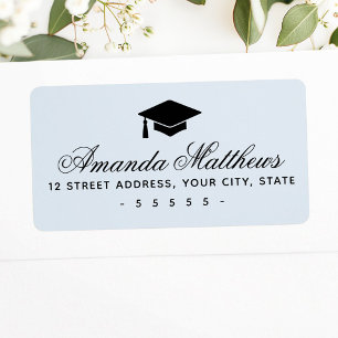 Graduation cap elegant script blue return address label