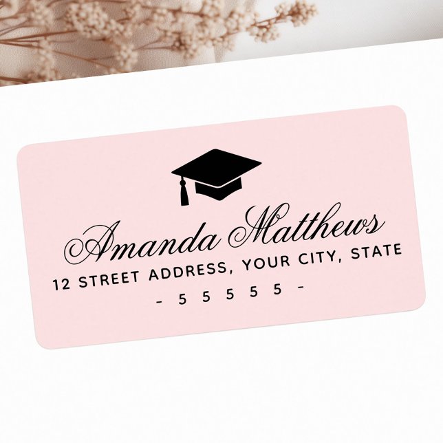 Graduation cap elegant script pink return address label (Graduation cap elegant script pink return address label)