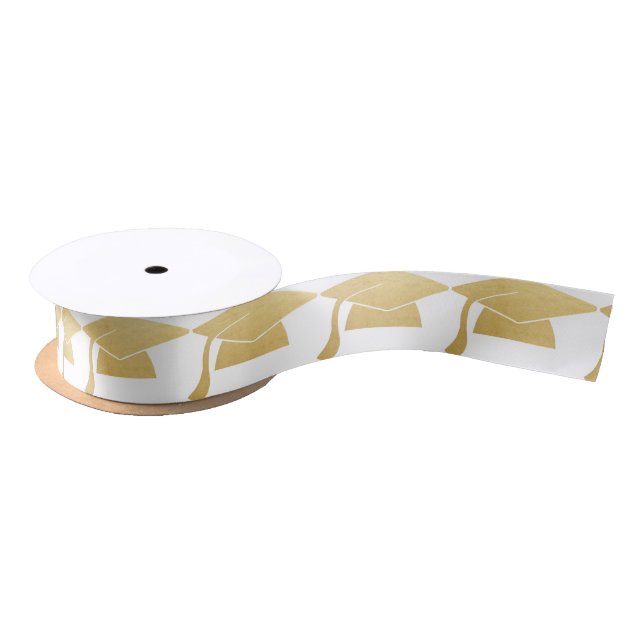 Graduation Cap Faux Gold Foil | White Satin Ribbon (Spool)